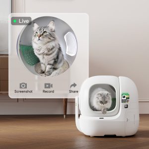 PETKIT Purobot Max Pro 2 with a cat inside and an illustrated live camera view. The camera interface shows Screenshot, Record and Share controls.