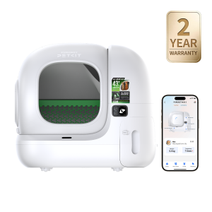 PETKIT Purobot Max 3 with an illustrated PETKIT app activity screen and a manufacturer graphic displaying a two-year warranty badge. Confirm warranty eligibility and terms with the retailer.